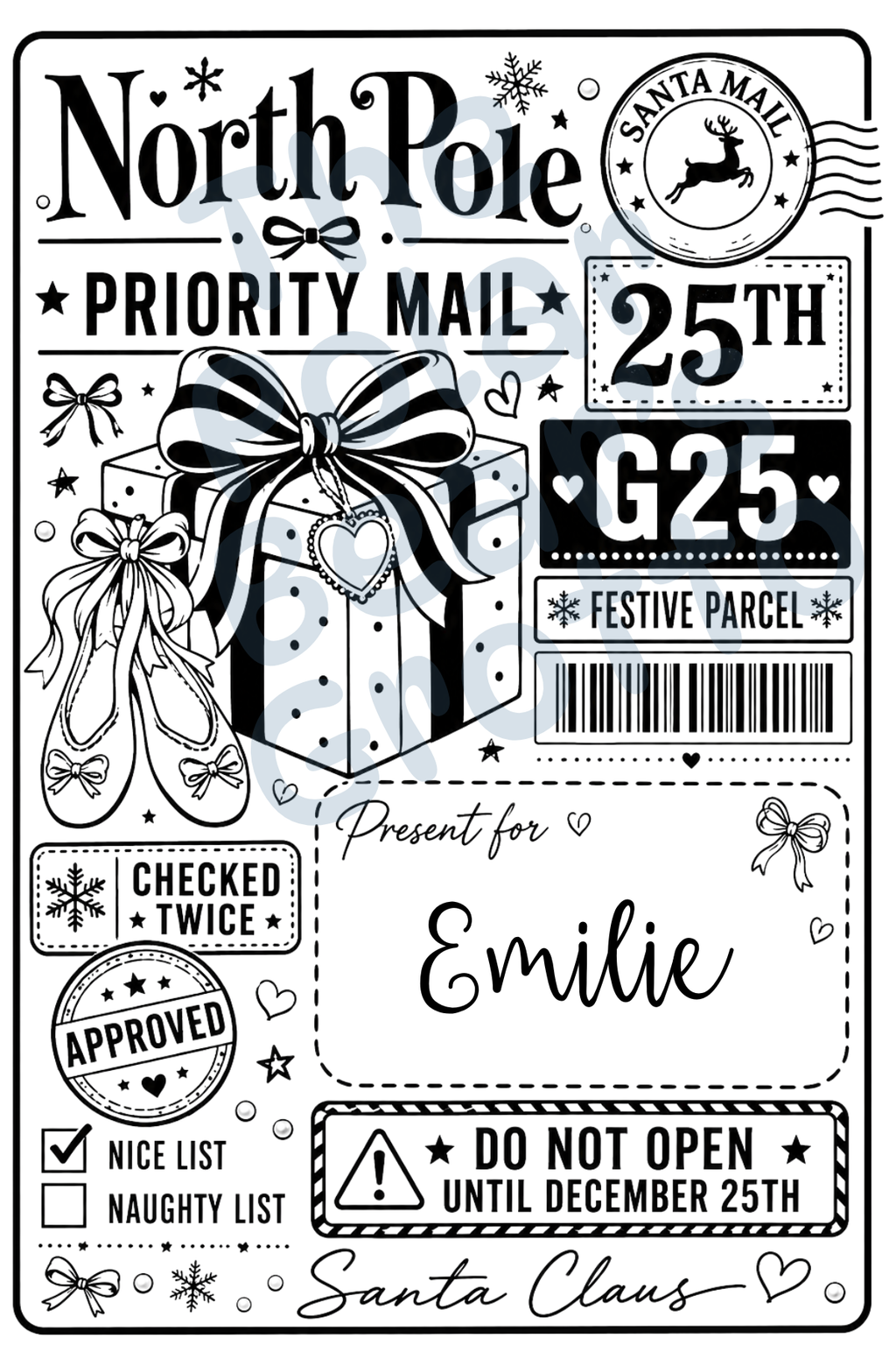 Set of personalised Christmas postage labels with ballet theme