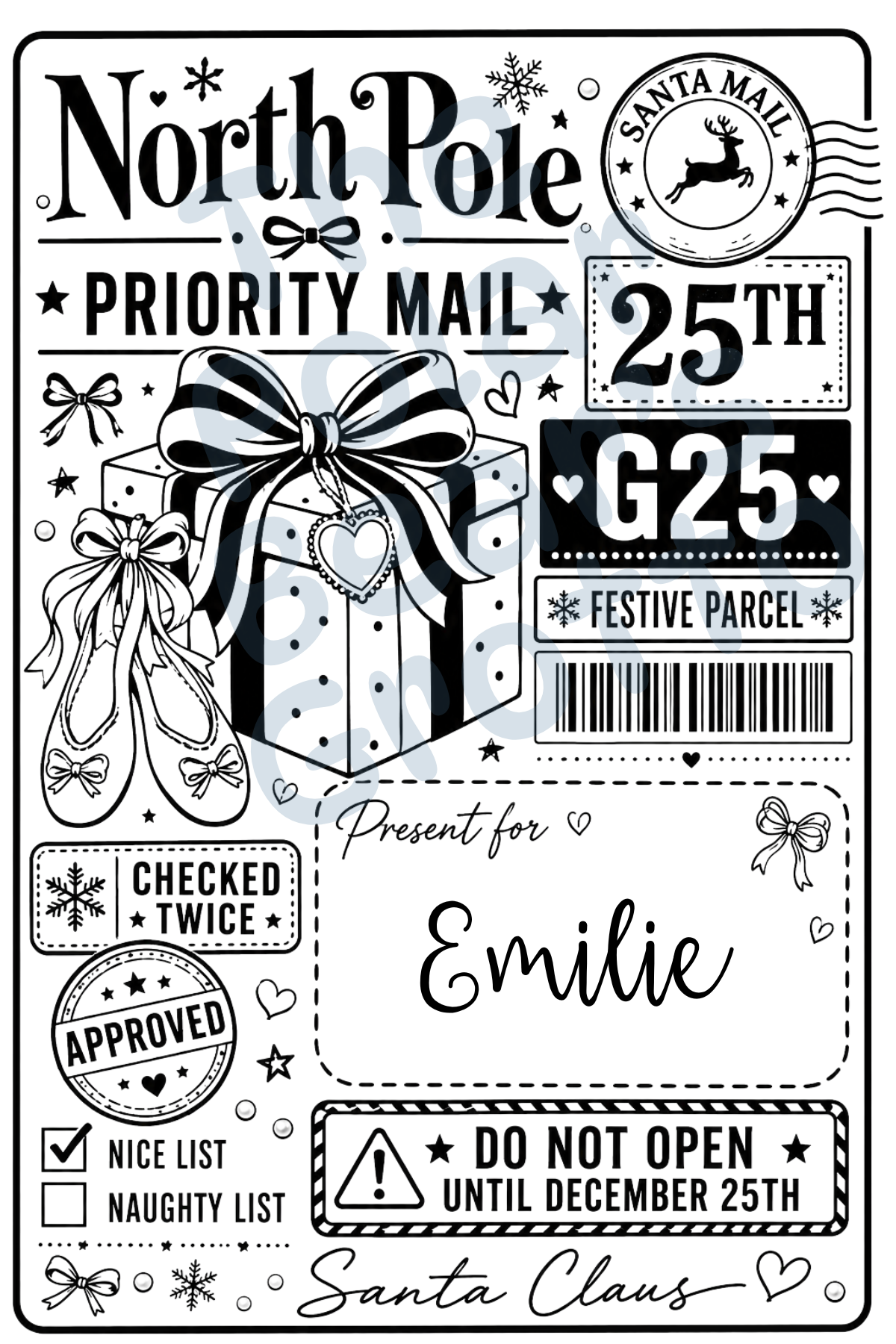 Set of personalised Christmas postage labels with ballet theme