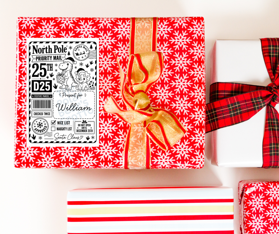 Set of personalised Christmas postage labels - Dinosaur