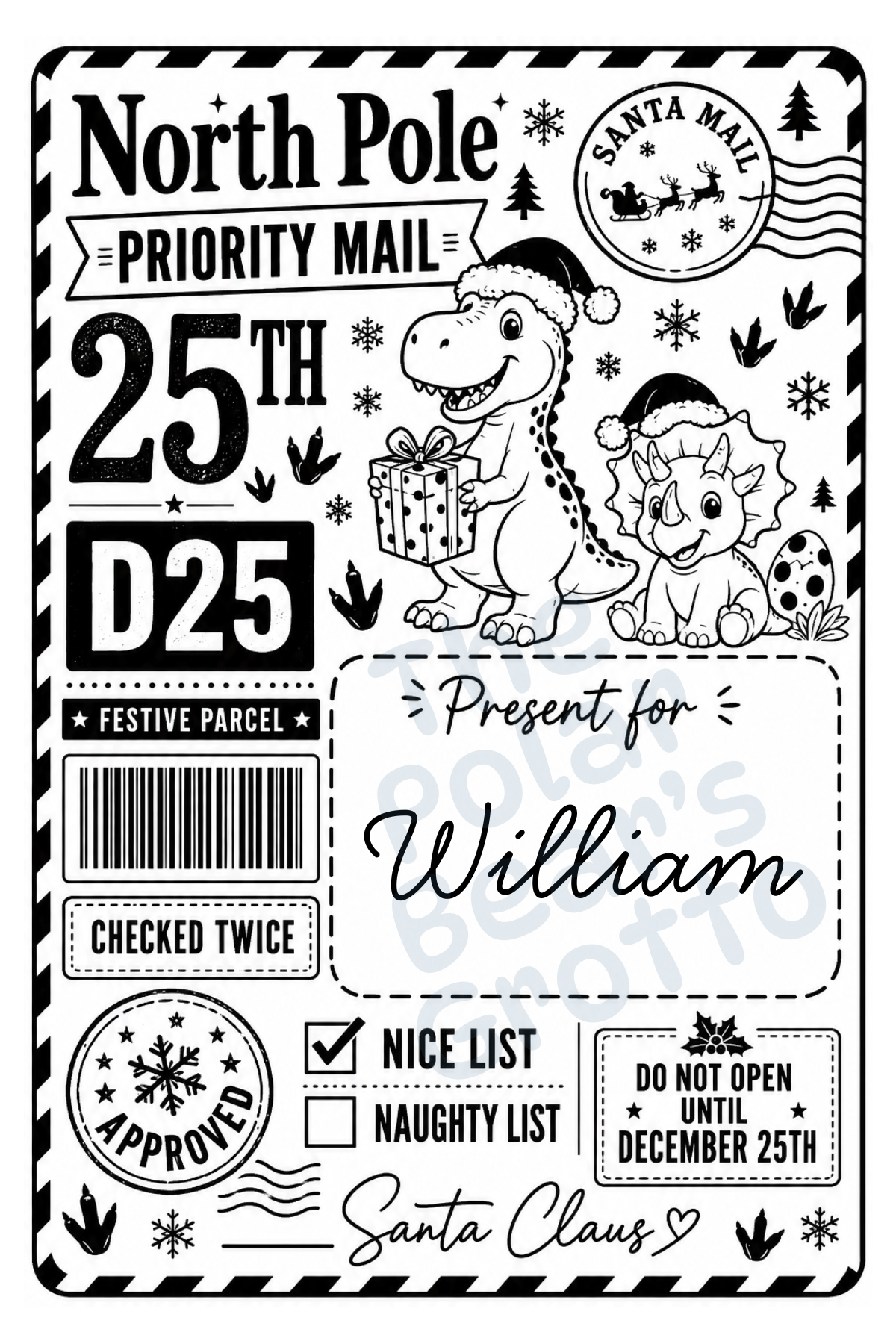 Set of personalised Christmas postage labels - Dinosaur