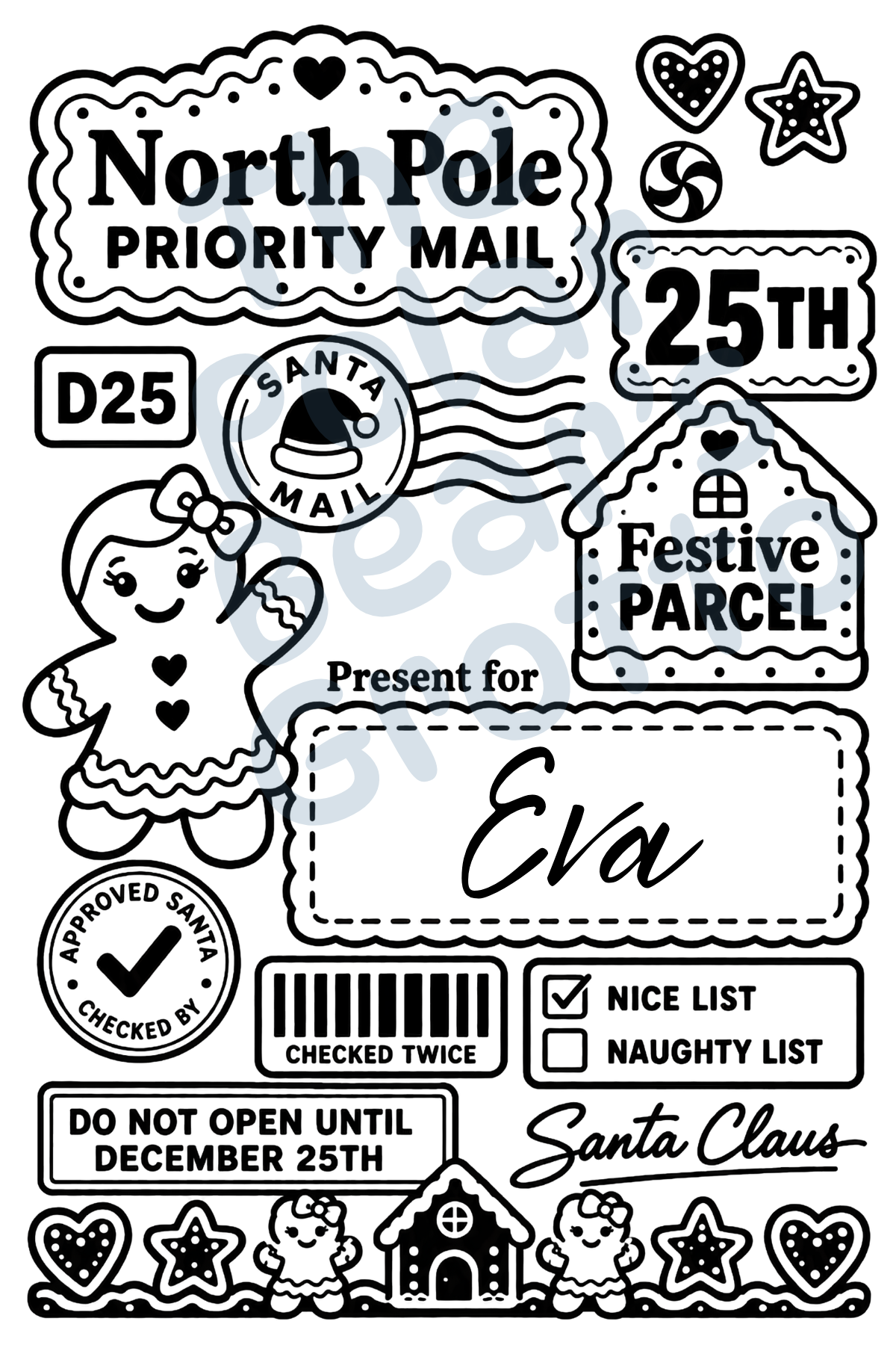 Set of personalised Christmas postage labels with Gingerbread girl
