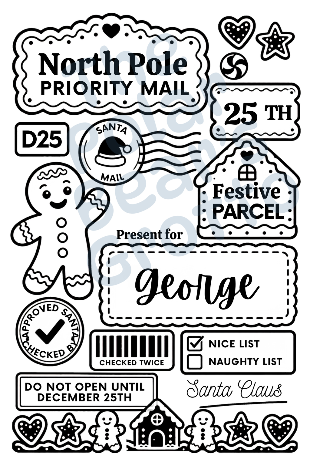 Set of personalised Christmas postage labels with Gingerbread boy