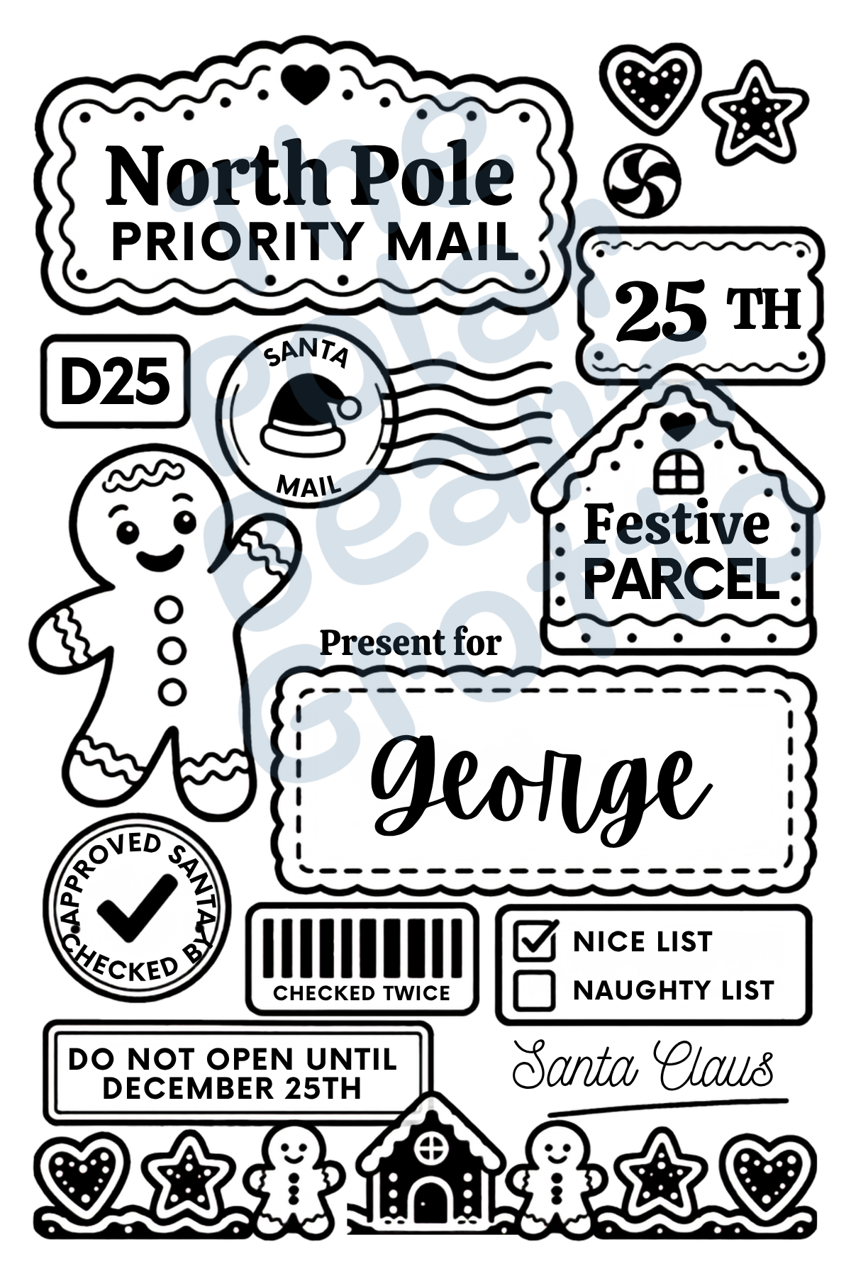 Set of personalised Christmas postage labels with Gingerbread boy