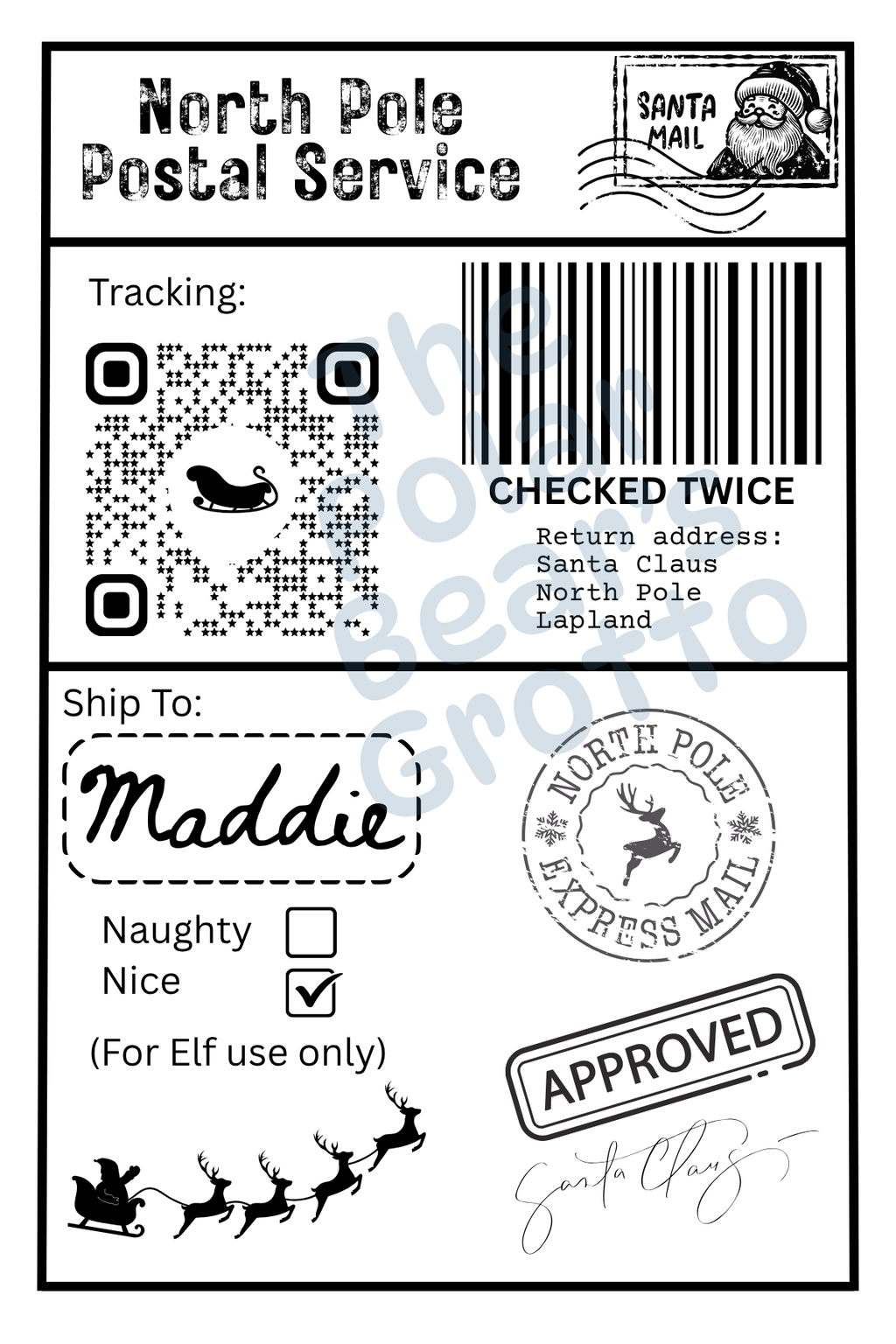 Set of personalised Christmas postage labels with NORAD tracker