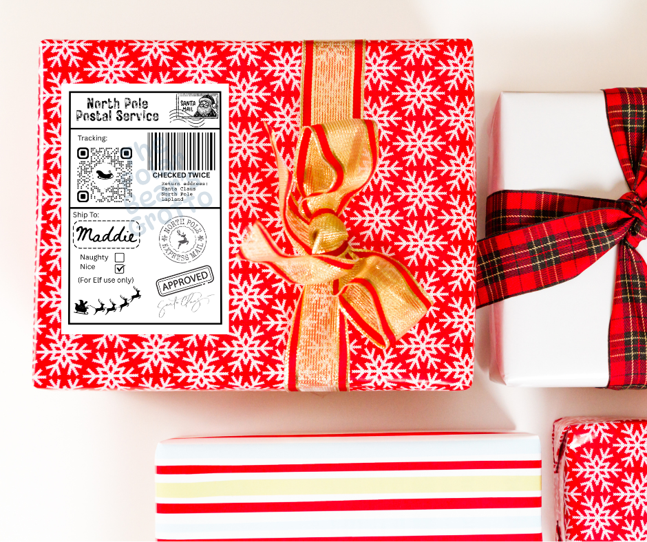 Set of personalised Christmas postage labels with NORAD tracker