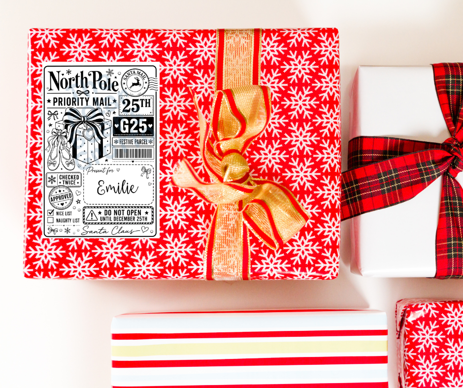 Set of personalised Christmas postage labels with ballet theme