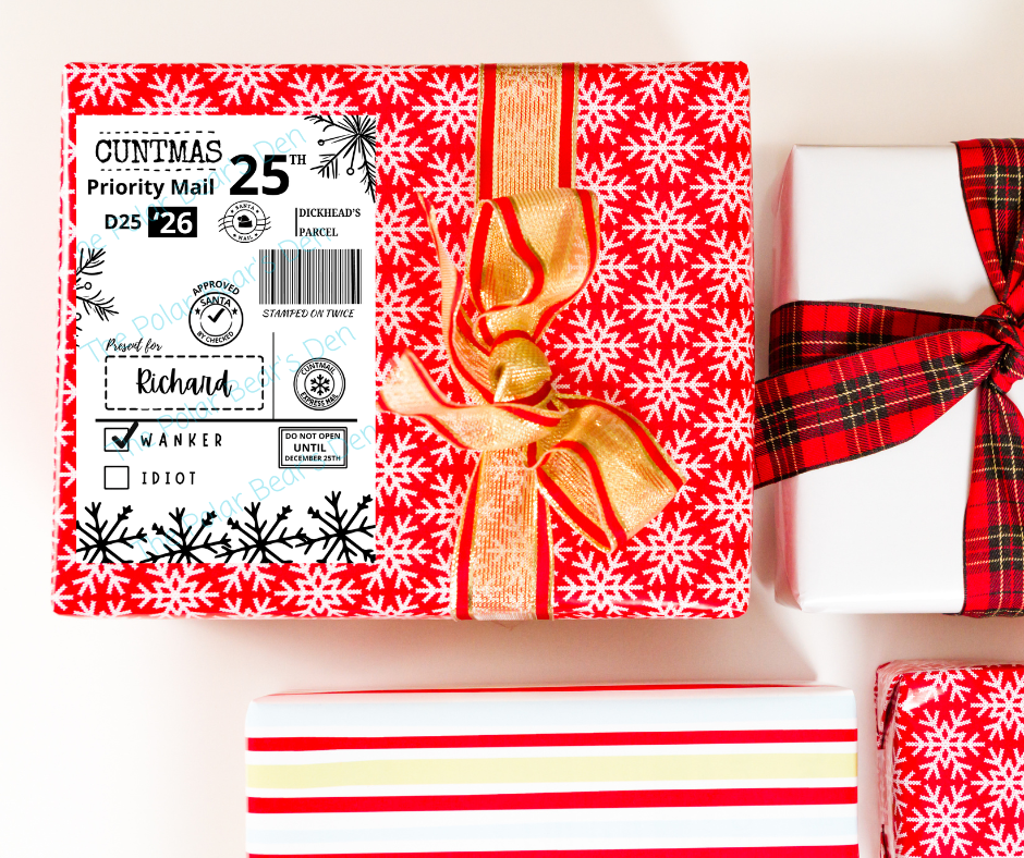 Set of personalised Christmas postage labels with Sweary theme
