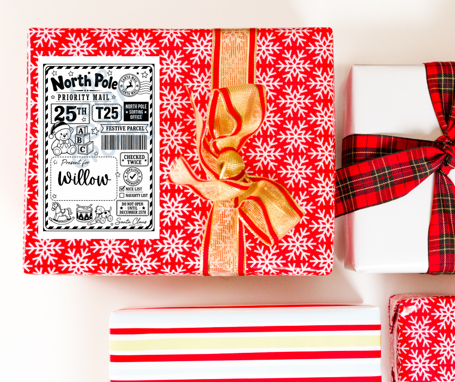 Set of personalised Christmas postage labels with Teddy bear