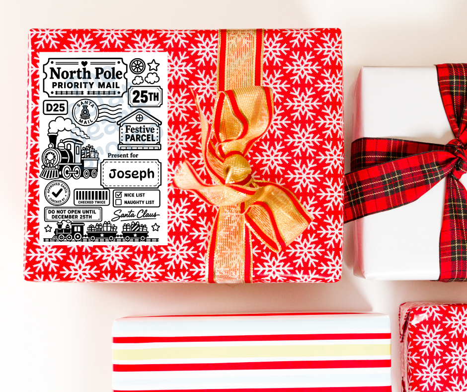 Set of personalised Christmas postage labels with Steam train