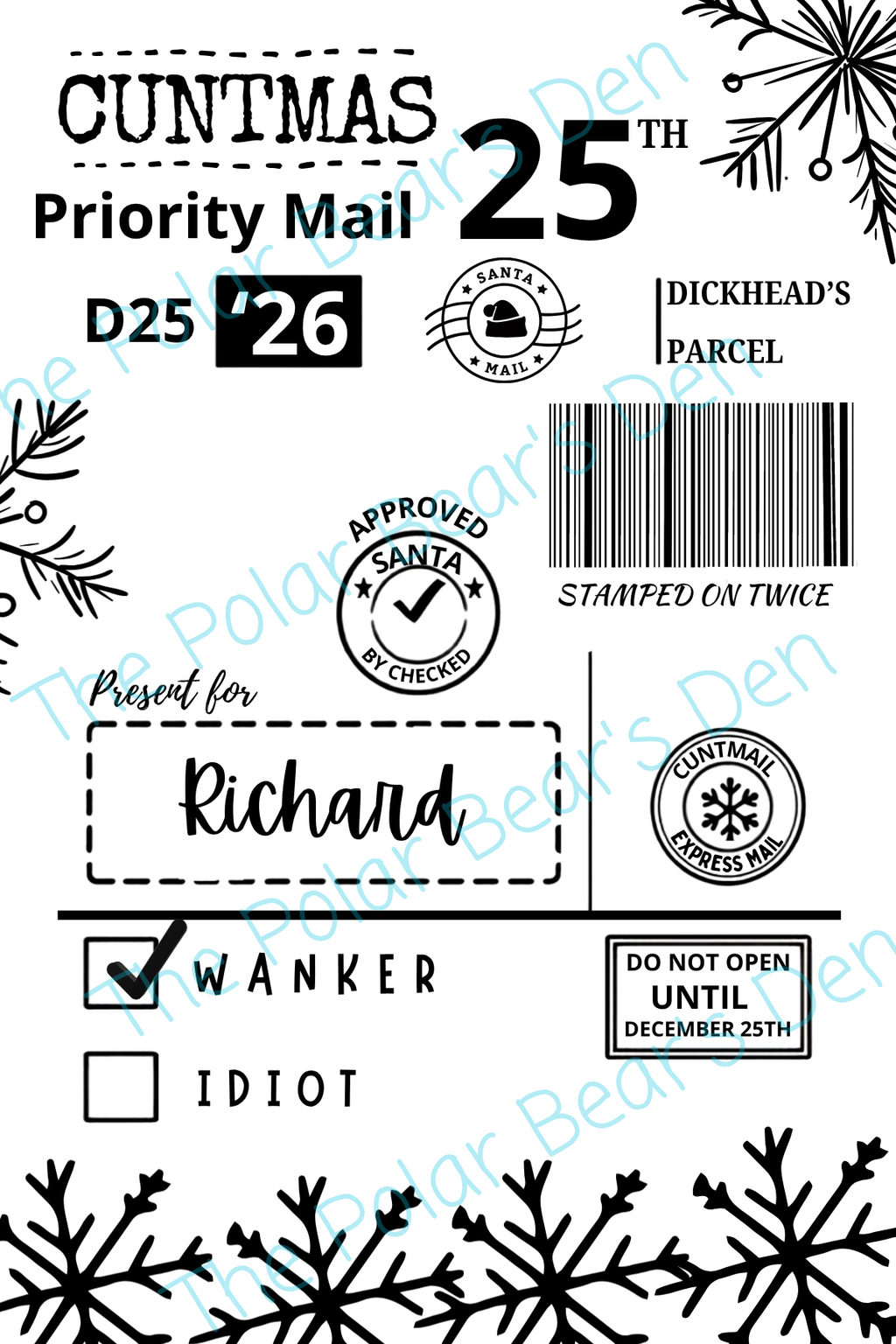Set of personalised Christmas postage labels with Sweary theme