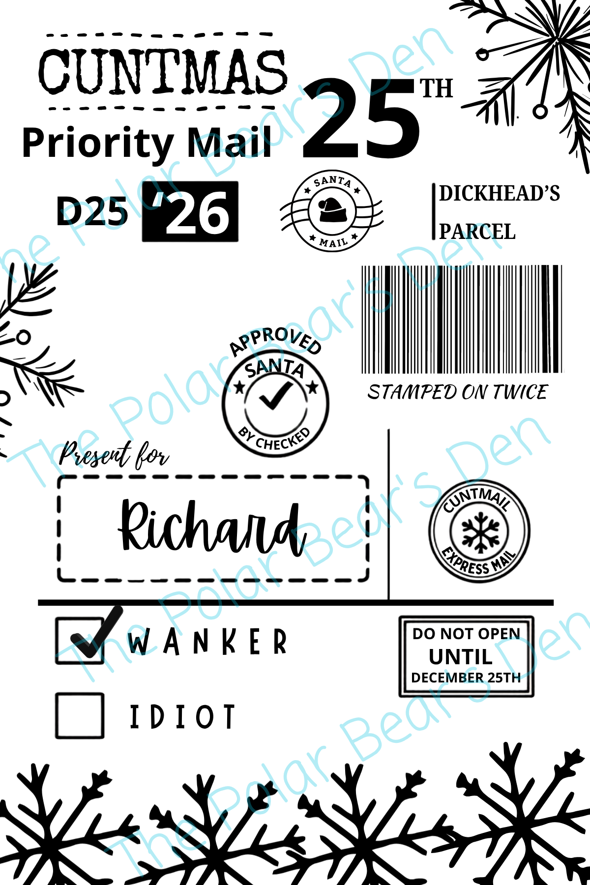 Set of personalised Christmas postage labels with Sweary theme