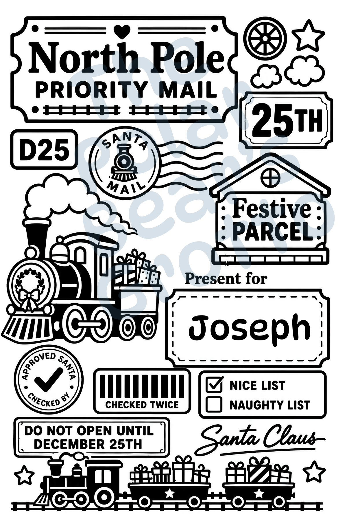 Set of personalised Christmas postage labels with Steam train