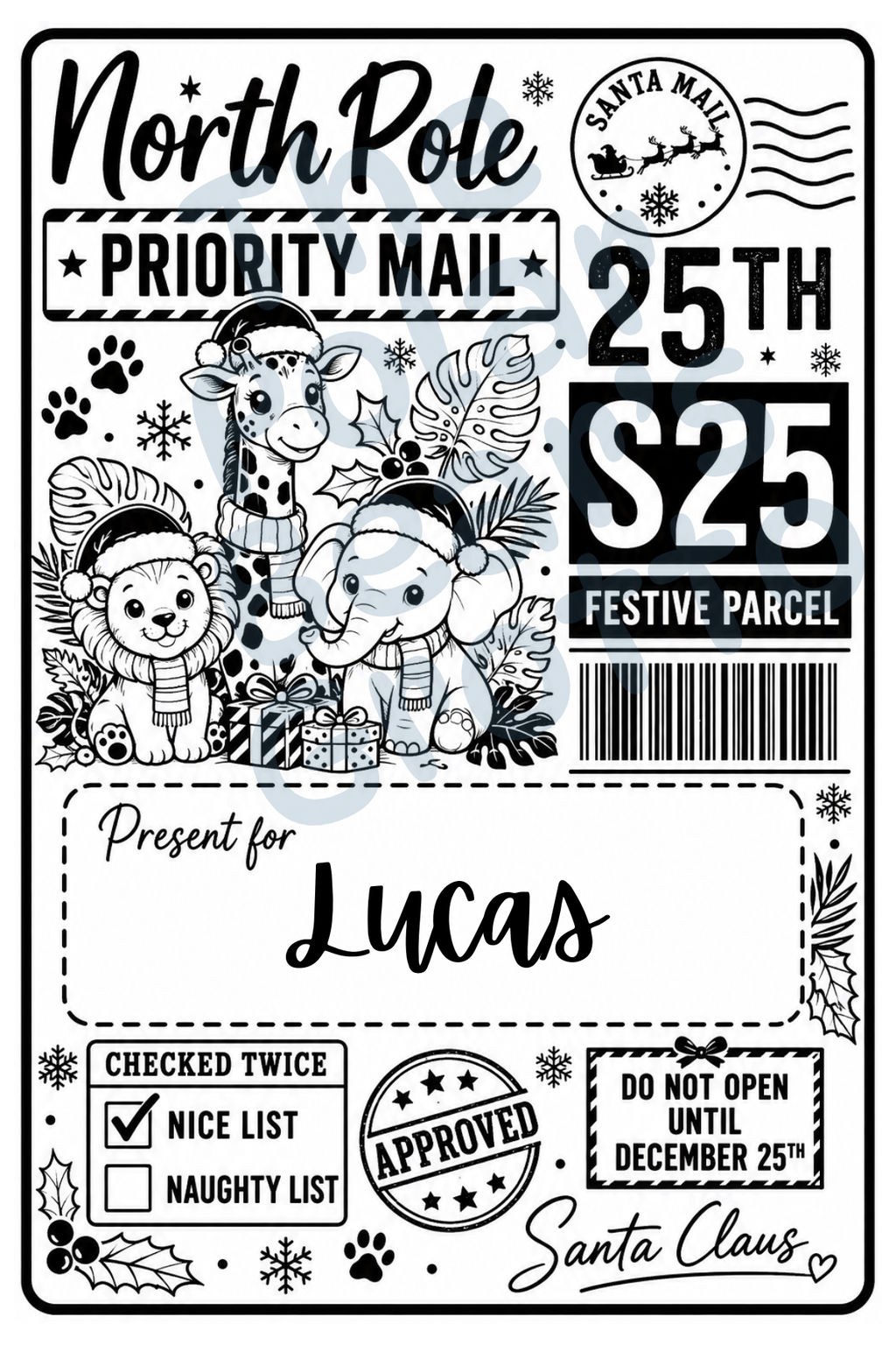 Set of personalised Christmas postage labels with zoo animals