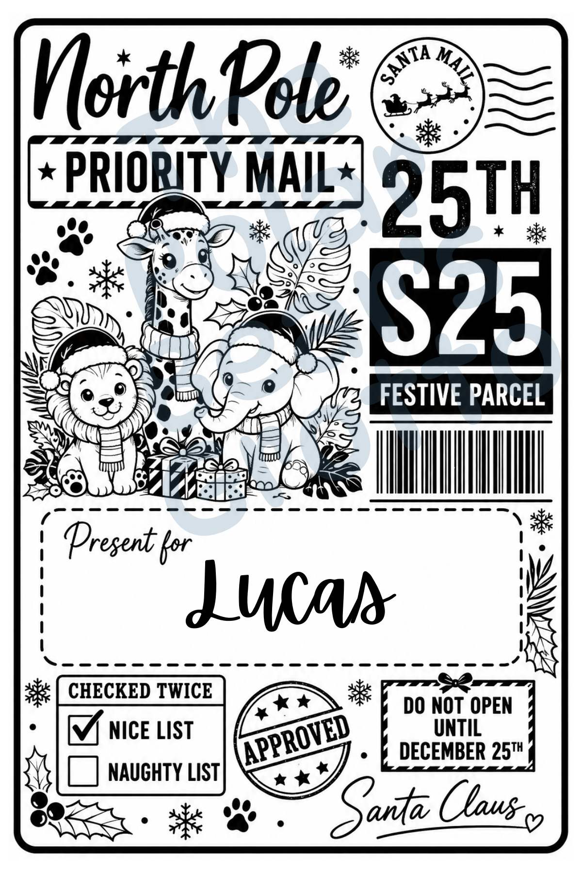 Set of personalised Christmas postage labels with zoo animals